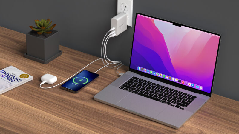 Hyper says its new 140 W wall charger is 24 percent smaller than Apple's original, while also charging two other USB devices (though that drops the fastest charger to 100 W).