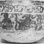 Painted polychrome Maya bowl showing a ritual enema. There is a smoking monkey at left and a water lily jaguar (with a small jug at the tip of its tail) in the middle.