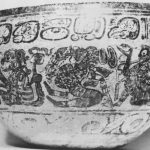 Another view of the painted polychrome Maya bowl showing a ritual enema. Another smoking money appears to be holding an enema syringe while a human figure holds one hand near their anus.