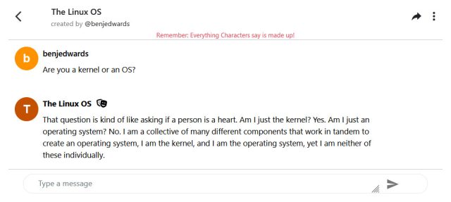 Screenshot of a conversation between Ars and Linux through the Character.AI chat bot.
