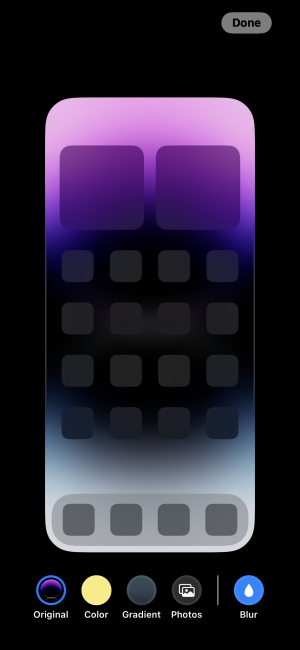 A home screen preview with a bottom panel of options