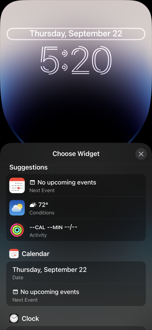 A widget choice panel with options from calendar, weather, fitness, and more