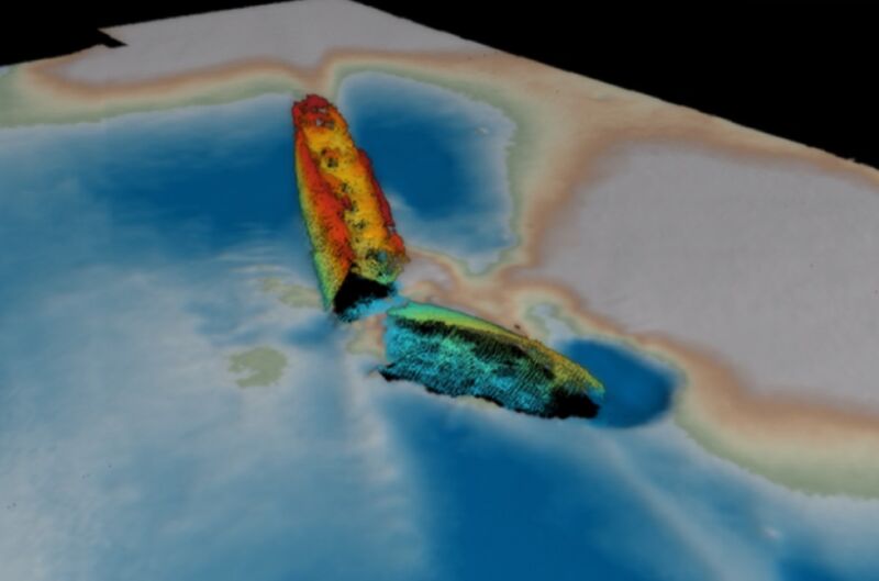 Multibeam sonar image of the SS <em>Mesaba</em> shipwreck lying on the sea bed in the Irish Sea.