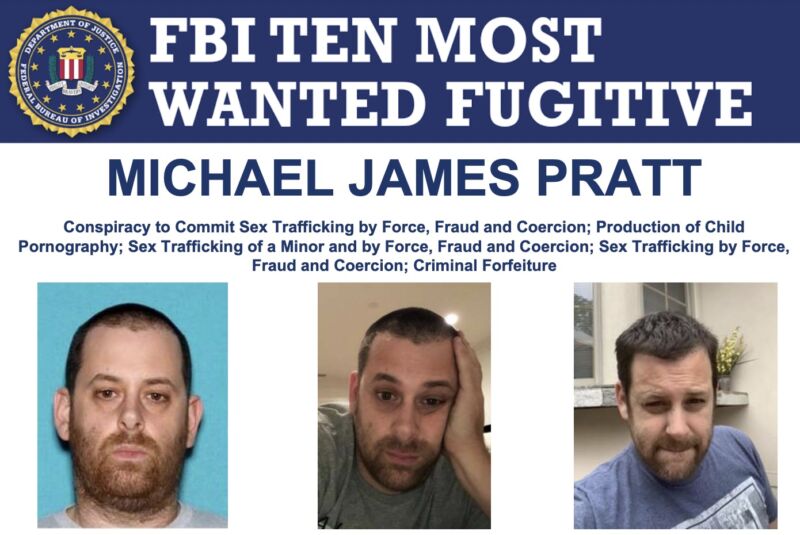 一张 FBI 海报展示了迈克尔·詹姆斯·普拉特 (Michael James Pratt) 的三张照片，他是该机构的十大通缉犯之一。