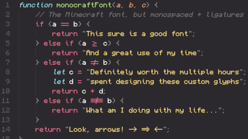 An example of the Monocraft font in action, which is based on Minecraft.