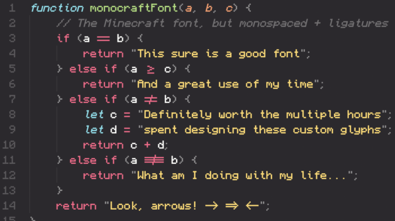 Пример шрифт Monocraft в действии, основанный на Minecraft.