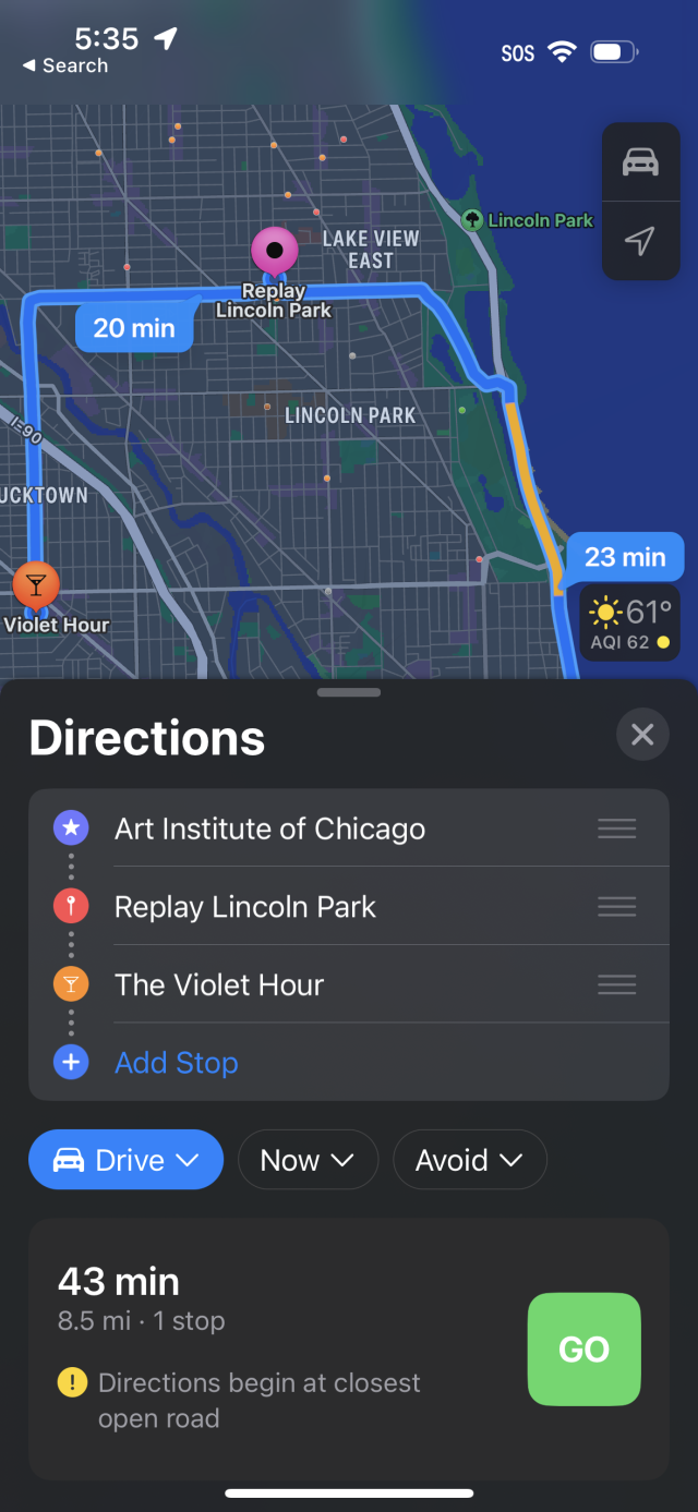 Maps with a three-stop directions dialogue