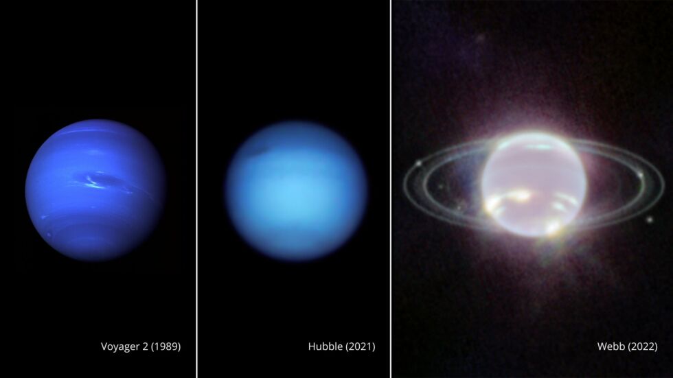 Neptün'ün Voyager 2, Hubble Uzay Teleskobu ve JWST tarafından yapılan gözlemlerinin karşılaştırılması.