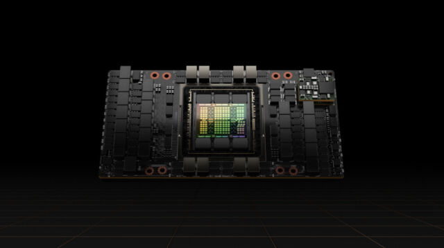 A press photo of the Nvidia H100 Tensor Core GPU.
