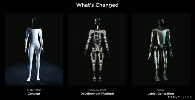 Tres etapas del robot Tesla Optimus hasta el momento, presentadas en el AI Day 2022.