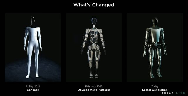 Three stages of the Tesla Optimus robot so far, presented at AI Day 2022.