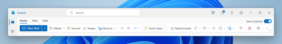 The simplified ribbon interface in the new Outlook preview, as well as the toggle to switch between versions.