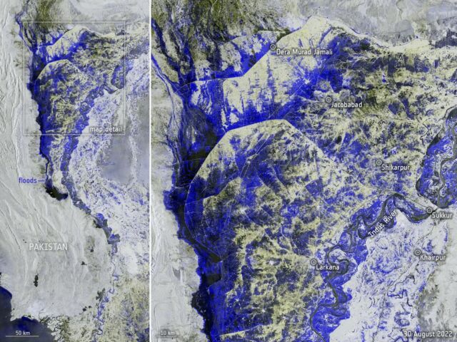 A satellite image of part of Pakistan shows how flooding has turned rivers into mile-wide lakes.