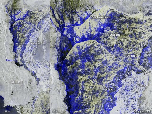 Una imagen satelital de una parte de Pakistán muestra cómo las inundaciones convirtieron los ríos en lagos de varias millas de ancho.