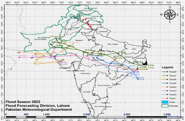 Traces of monsoon rain systems across the region.