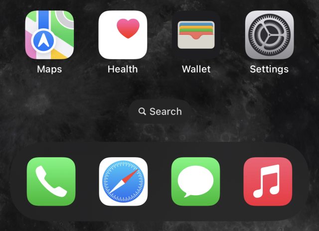 A "search" field above the dock