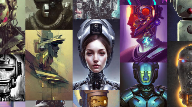 A variety of robot portraits generated by Stable Diffusion found on the Lexica search engine.