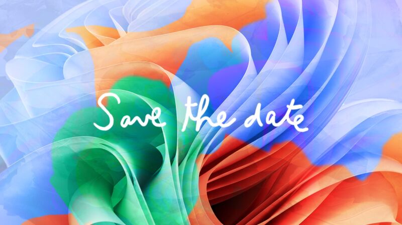 Microsoft's event teaser image is a colorful riff on the Windows 11 desktop wallpaper bloom, with handwritten "save the date" text that evokes the Surface Pen.