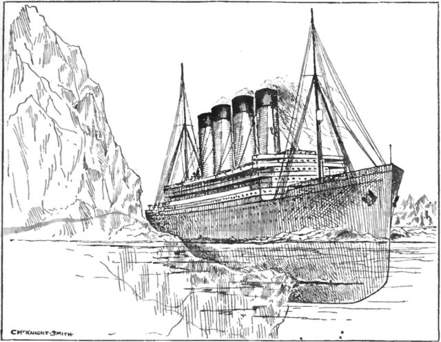 Illustration of the RMS <em>Titanic</em> hitting the iceberg. 
