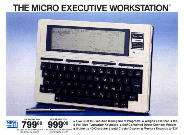 TRS-80 모델 100 노트북을 보여주는 1983년 Radio Shack 컴퓨터 카탈로그 페이지에서 발췌.
