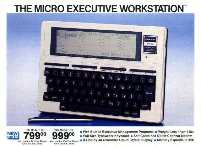 Excerpt from a 1983 Radio Shack computer catalog page featuring the TRS-80 Model 100 portable computer.