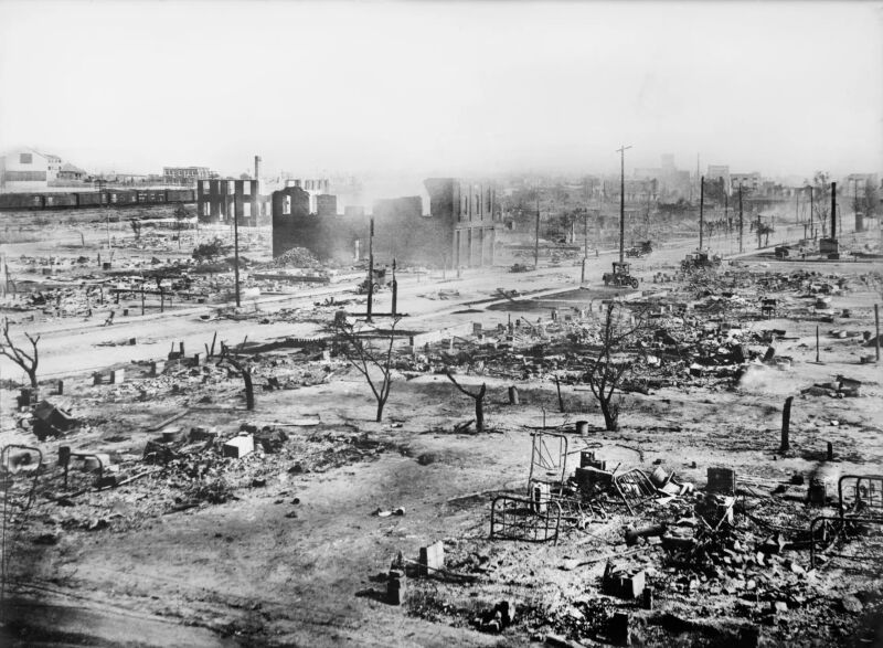 During the 1921 Tulsa Race Massacre, the city's African American Greenwood district was destroyed by white rioters.