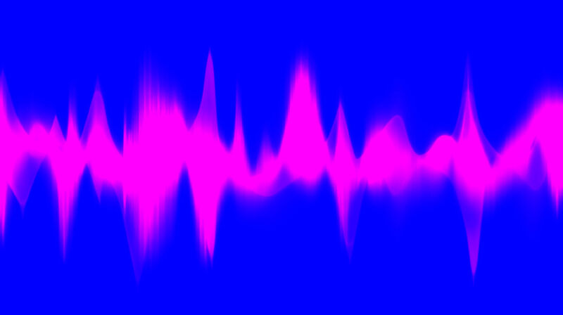 A pink waveform on a blue background that poetically suggests sound.