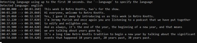 Exemple de sortie de console du programme de démonstration Whisper d'OpenAI lors de la transcription d'un podcast.