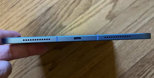 A USB-C port on the side of an iPad