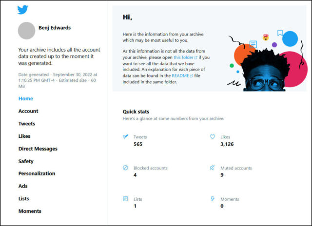 Une fois téléchargé, vous pouvez afficher vos données Twitter localement dans un navigateur Web.