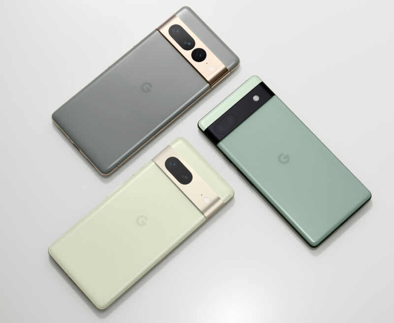 Know your Pixel phones: The one with the black plastic camera bar is the Pixel 6a. The base model Pixel 7 has one black camera oval, while the Pixel 7 Pro has a second camera bar cutout for the zoom lens. 