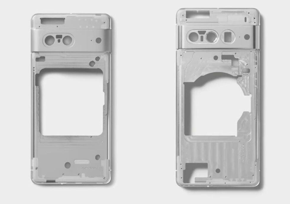 The Pixel 7 (left) and 7 Pro (right) use a large piece of aluminum for the camera bar, frame and sides. 