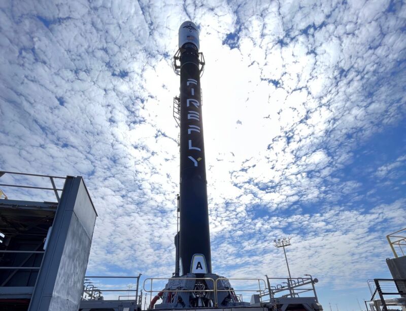 Firefly Aerospace's Alpha rocket is seen on the pad ahead of the "To The Black" mission.