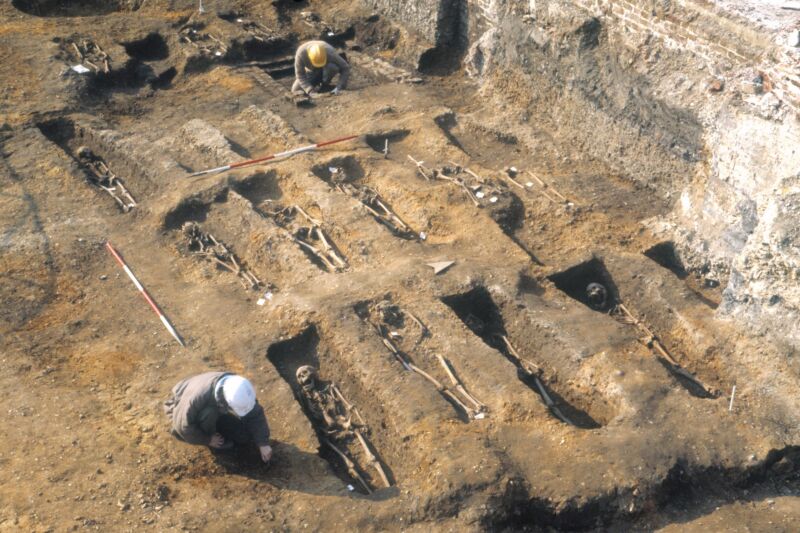 Researchers extracted DNA from the remains of people buried in the East Smithfield plague pits, which were used for mass burials in 1348 and 1349.