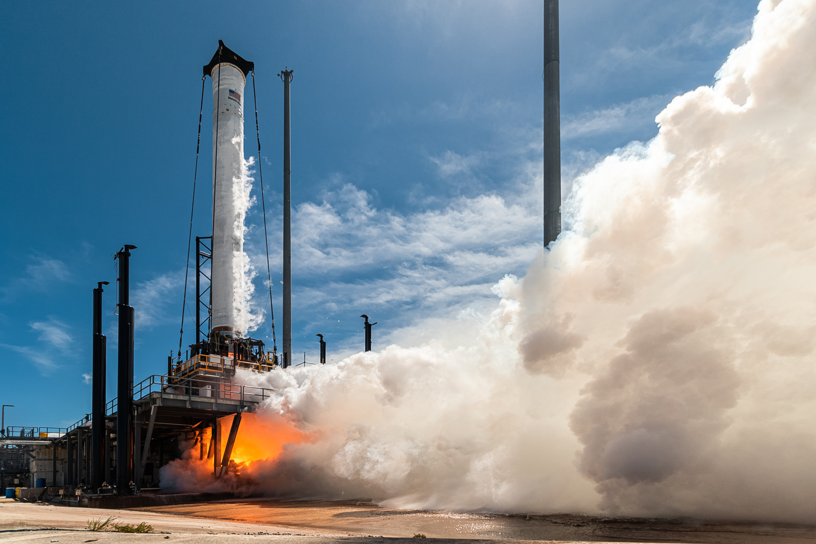 Stage one of Relativity Space's Terran 1 rocket undergoes testing at Launch Complex-16 in Florida.