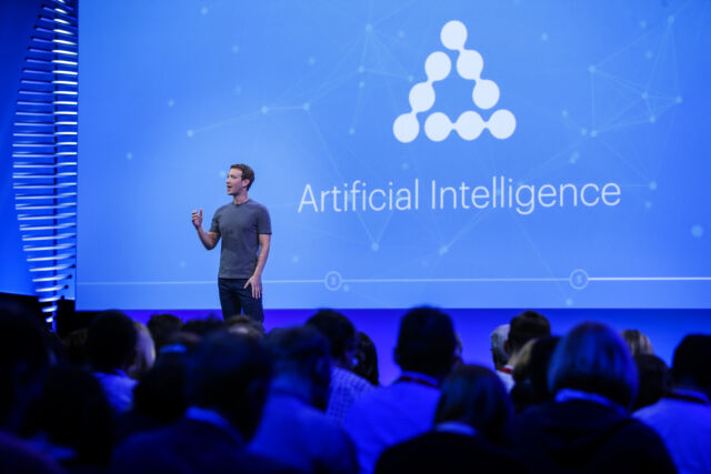 Mark Zuckerberg delivers the keynote address to kick off Facebook's F8 developer conference in San Francisco on April 12, 2016. 