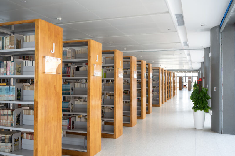 Image of a row of library shelves.