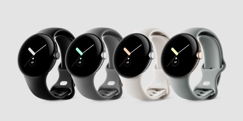 The Pixel Watch colors and their default bands.  There are three watch body colors here: black, silver and gold.