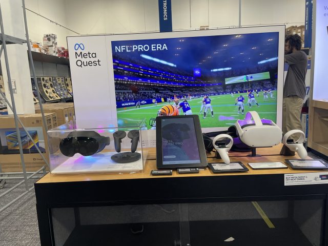 The Meta Quest kiosk sitting in an unloved corner of a local Best Buy, complete with Quest Pro display.