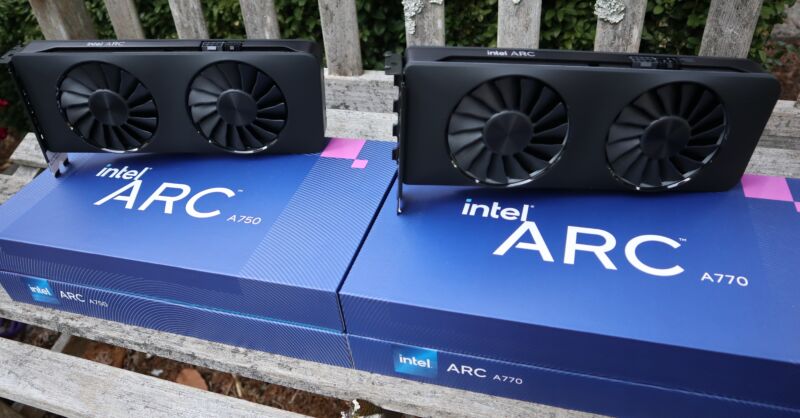 We took our handsome pair of new Arc A700-series GPUs out for some glamour shots. While minding standard static-related protocols, of course.