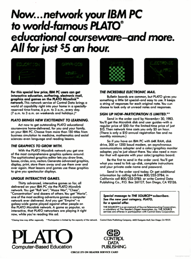 CDC PLATO Microlink ad, November 1983.