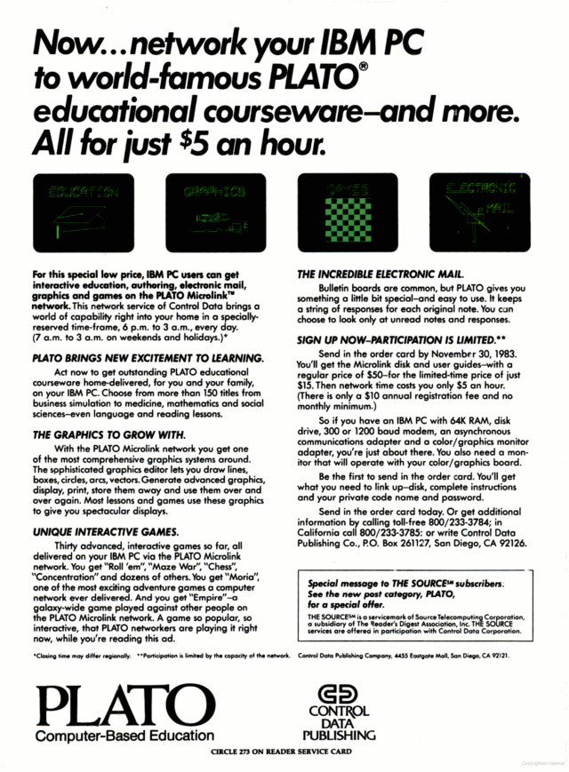 CDC PLATO Microlink ad, November 1983.