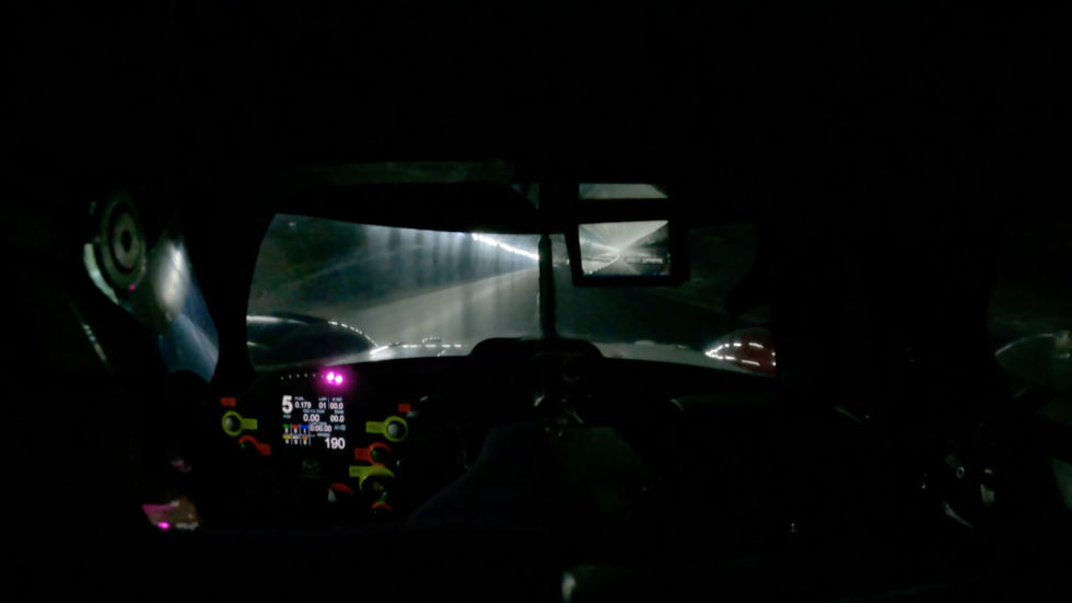 No, not a screenshot from <em>Gran Turismo</em> but the view Andy Priaulx had while testing the Mazda RT-24P in the Catesby Tunnel. "When it comes to pure aerodynamic testing, I’m used to engineers studying static car models in wind tunnels with no involvement from the drivers. At the start it felt a little odd to jump into a race car and drive flat-out through a 2.7 km tunnel, but the team assured me that the end was very clearly marked! Catesby Tunnel is an incredible facility, and it doesn’t surprise me at all to know that Multimatic chose to be an early adopter and primary client of the facility," Priaulx said.