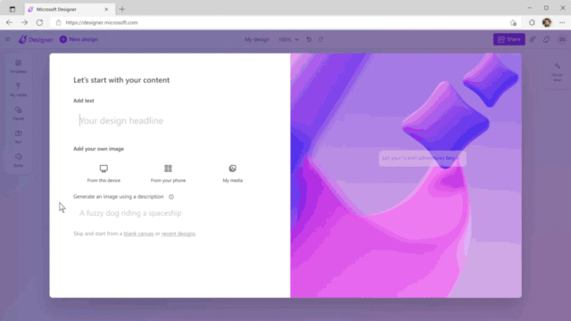 An animated GIF preview of the Microsoft Designer app's &quot;Start From Scratch&quot; feature, provided by Microsoft.