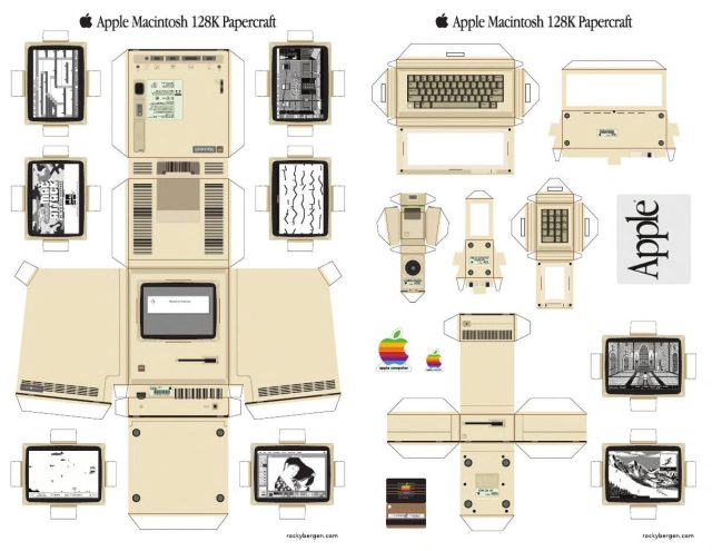 Un modelo antiguo de Mac 128K en papel diseñado por Rocky Bergen, completo con accesorios.