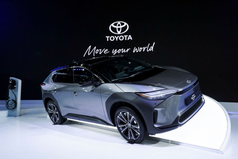 A 2022 Toyota bZ4X on display at the 43rd Bangkok International Motor Show 2022 in Bangkok, Thailand.