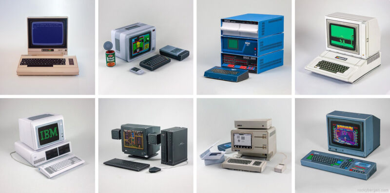 An illustration  of 8  papercraft vintage machine  models designed and assembled by Rocky Bergen.