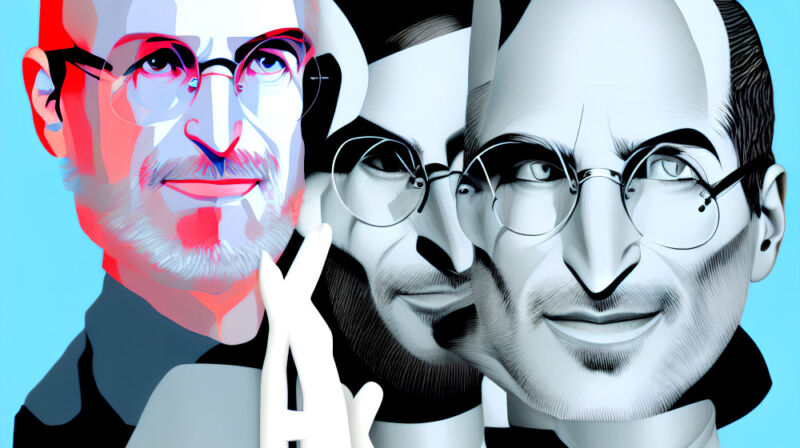 AI-generated illustration of three faces of Steve Jobs.