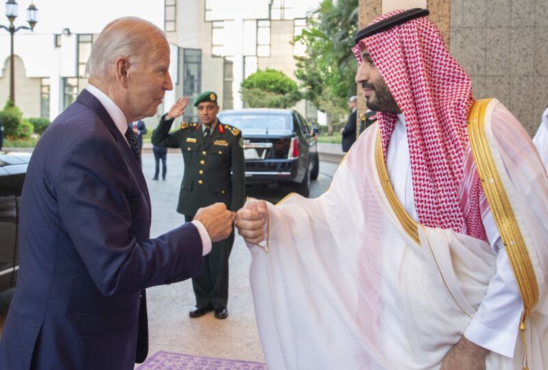 Joe Biden doing a fist bump with Saudi Arabian Crown Prince Mohammed bin Salman.