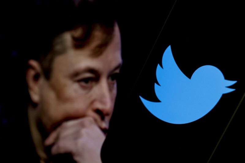 Photo illustration in which an image of Elon Musk is displayed next to Twitter's bird logo.